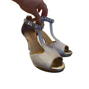 Antonio Melani Silver Glitter Rhinestone T-Strap Heels With Zipper Back Closure